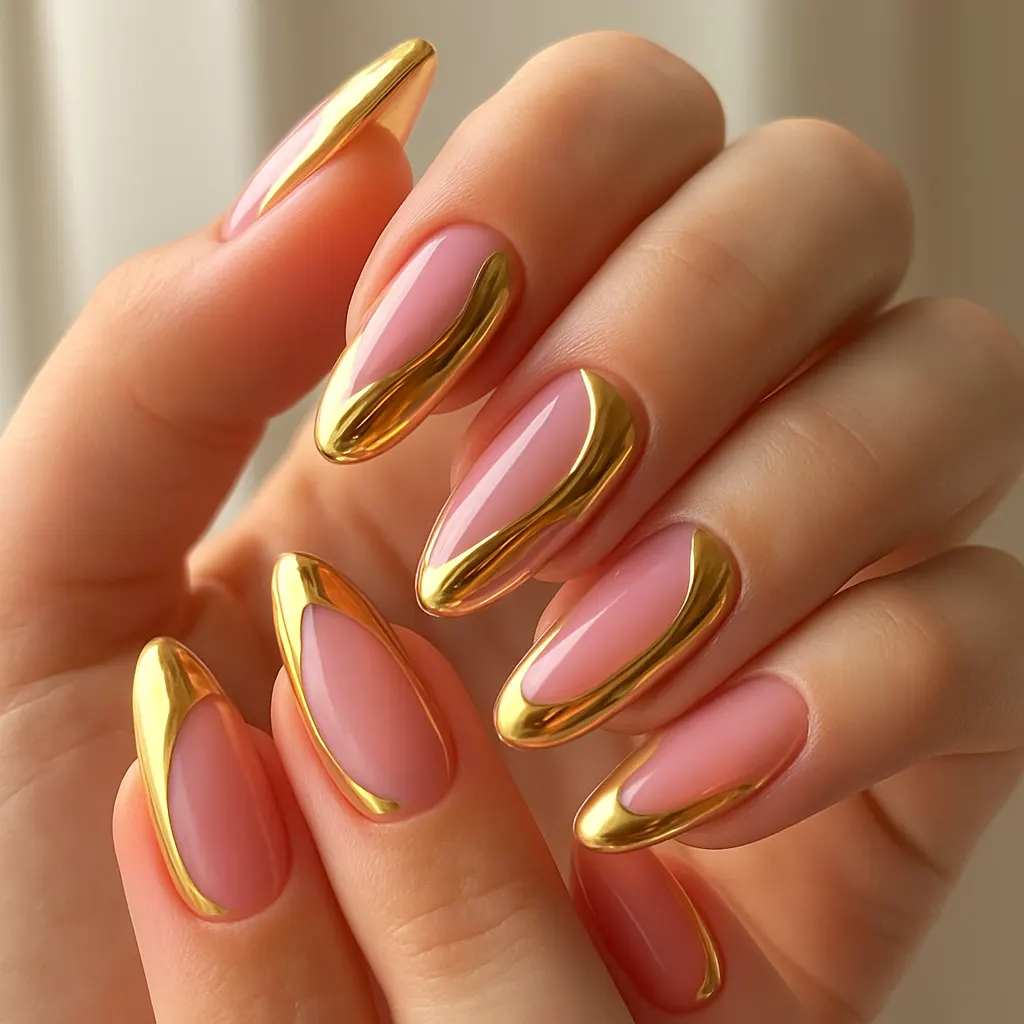 Uñas rosadas con bordes dorados cromados.