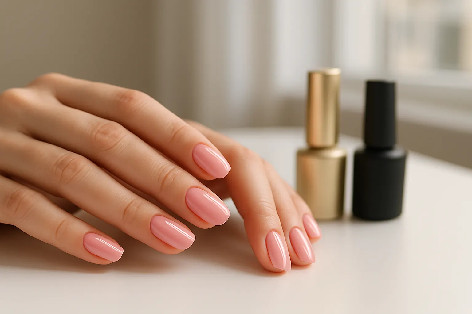 Manos con esmalte rosado brillante junto a dos frascos, uno dorado y uno negro.